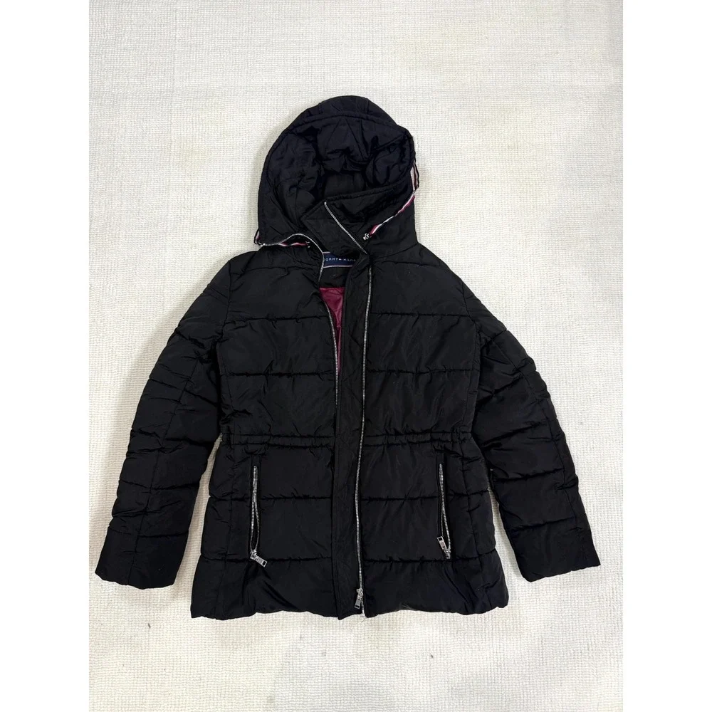 Tommy Hilfiger Puffer Jacket Womens Small Black Lined Hooded Logo Outdoor Zip Up